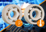 Two white igus xiros ball bearings with a background that looks like blue and orange computer circuitry.