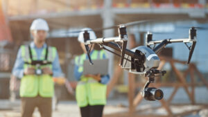 Two,Specialists,Use,Drone,On,Construction,Site.,Architectural,Engineer